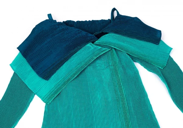 イッセイミヤケISSEY MIYAKE バイカラーレイヤードプリーツワンピース ターコイズ青2 K-97158_003