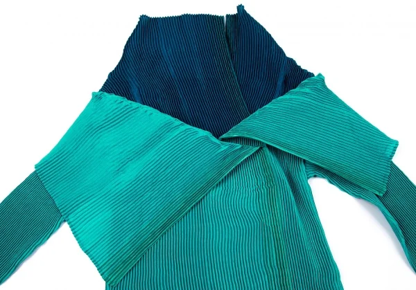 イッセイミヤケISSEY MIYAKE バイカラーレイヤードプリーツワンピース ターコイズ青2 K-97158_005