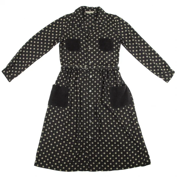 コムコム コムデギャルソンCOMME des GARCONS パイルポケットドットプリントシャツワンピース 黒カーキベージュS K-97196_002