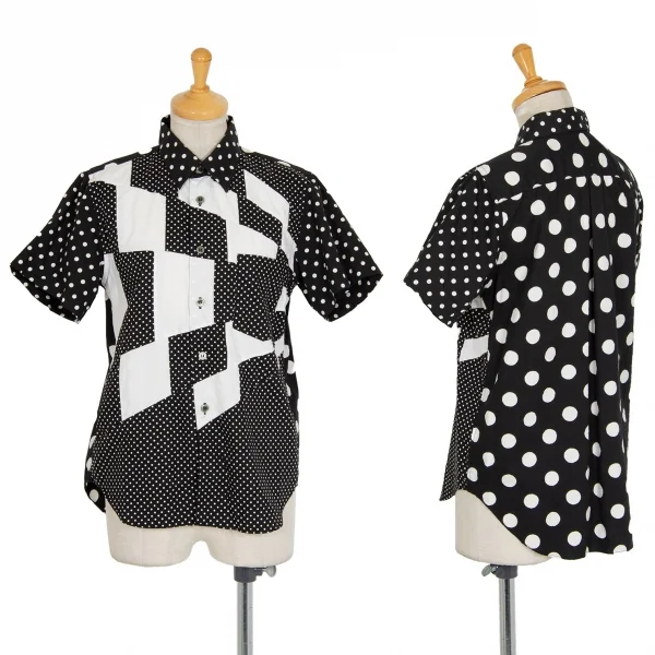 ブラックコムデギャルソンBLACK COMME des GARCONS ドットプリントフロント切替デザイン半袖シャツ 黒白XS K-97254_001