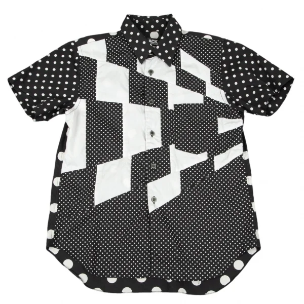 ブラックコムデギャルソンBLACK COMME des GARCONS ドットプリントフロント切替デザイン半袖シャツ 黒白XS K-97254_002