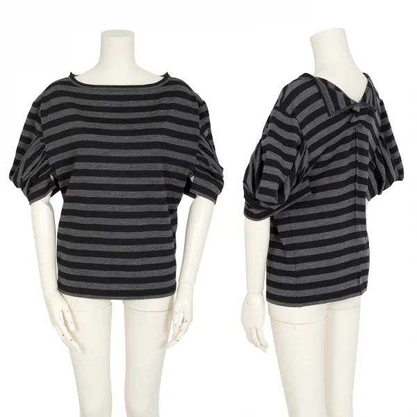 ジュンヤワタナベ コムデギャルソンJUNYA WATANABE COMME des GARCONS ボーダーギャザー半袖変形トップス 黒グレーM位 K-97259_001