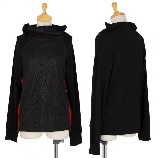 コムデギャルソンCOMME des GARCONS フロントメッシュ切替ウールポリハイネックカットソー 黒M位 K-97271_001