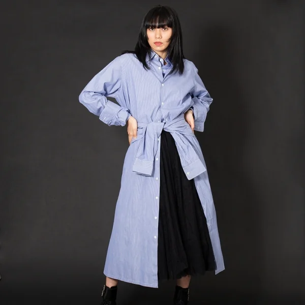 コムデギャルソンCOMME des GARCONS バックシャツドッキングストライプワンピース 青白M位 K-97471_016