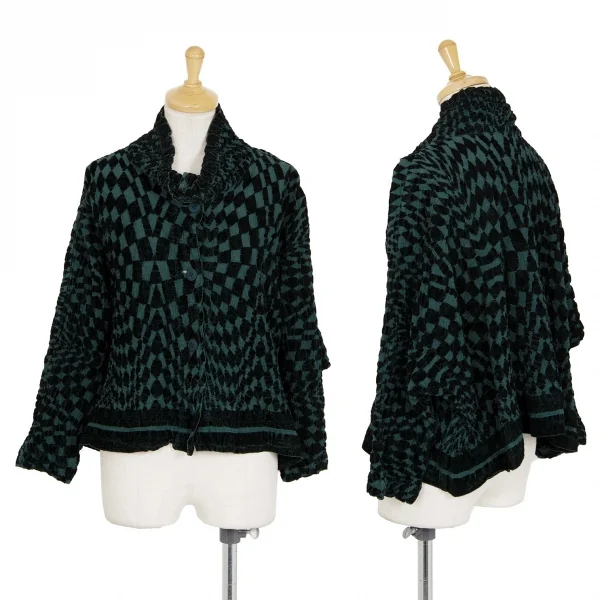 イッセイミヤケミーISSEY MIYAKE me コットンカリフラワーブロックチェックハイネックジャケット 黒F K-97621_001