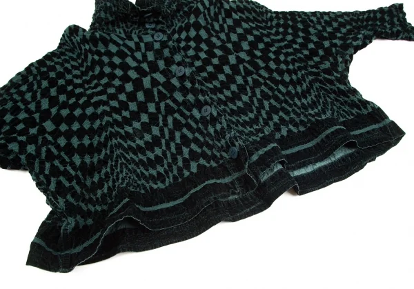 イッセイミヤケミーISSEY MIYAKE me コットンカリフラワーブロックチェックハイネックジャケット 黒F K-97621_010