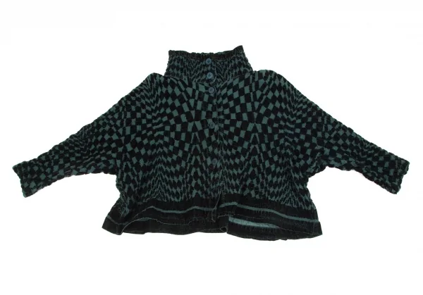 イッセイミヤケミーISSEY MIYAKE me コットンカリフラワーブロックチェックハイネックジャケット 黒F K-97621_002