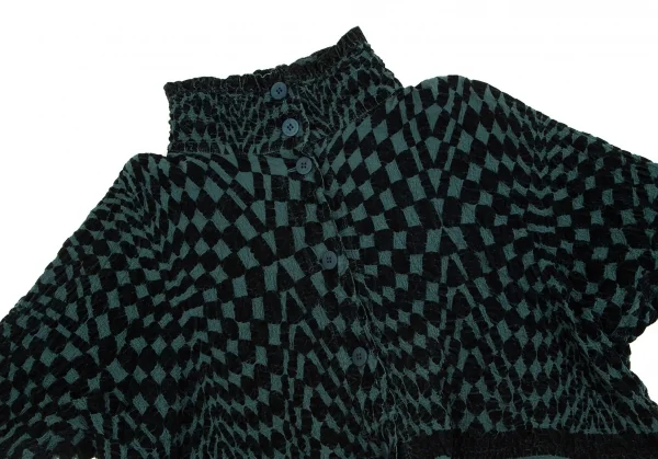 イッセイミヤケミーISSEY MIYAKE me コットンカリフラワーブロックチェックハイネックジャケット 黒F K-97621_003