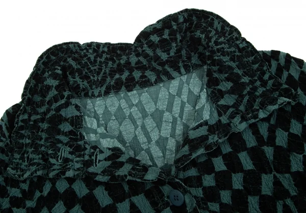 イッセイミヤケミーISSEY MIYAKE me コットンカリフラワーブロックチェックハイネックジャケット 黒F K-97621_006