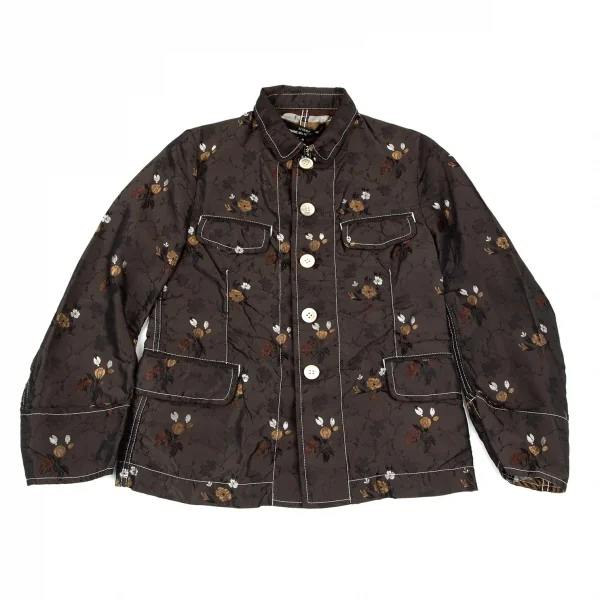 新品!トリココムデギャルソンtricot COMME des GARCONS フラワージャガードホワイトステッチジャケット こげ茶S K-97753_002