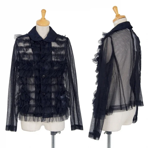 新品!コムデギャルソン ガールCOMME des GARCONS GIRL チュールフロントギャザーラウンドカラージャケット 紺XS K-97756_001