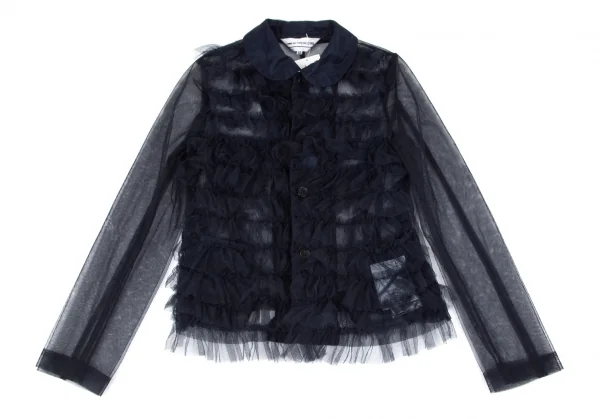 新品!コムデギャルソン ガールCOMME des GARCONS GIRL チュールフロントギャザーラウンドカラージャケット 紺XS K-97756_002