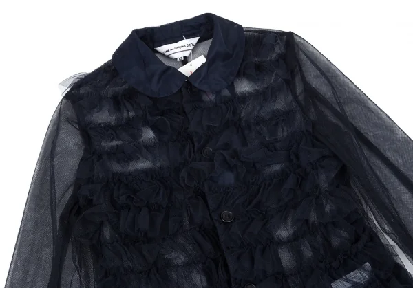 新品!コムデギャルソン ガールCOMME des GARCONS GIRL チュールフロントギャザーラウンドカラージャケット 紺XS K-97756_003