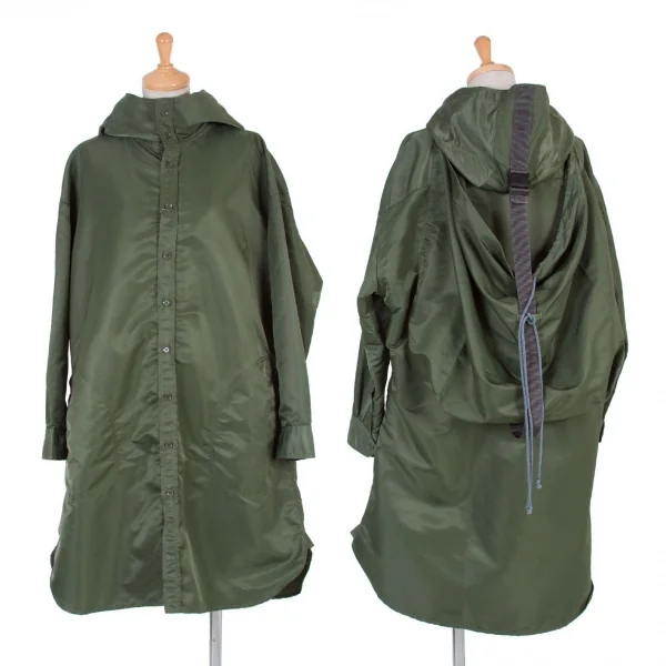 ヨウジヤマモト ファム Yohji Yamamoto FEMME ナイロンバックパックデザインロングフーデッドシャツコート オリーブ1 K-98106_001