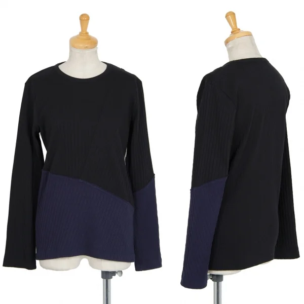 ワイズY's コットンポリ混パネル切替リブカットソー 黒紺2 K-98199_001