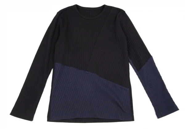 ワイズY's コットンポリ混パネル切替リブカットソー 黒紺2 K-98199_002