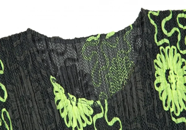 プリーツプリーズPLEATS PLEASE 花柄刺繍プリーツ半袖トップス 深緑グレー黄5 K-98321_004