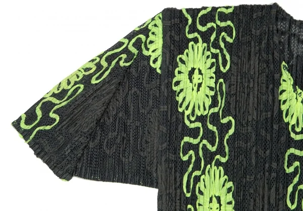 プリーツプリーズPLEATS PLEASE 花柄刺繍プリーツ半袖トップス 深緑グレー黄5 K-98321_005