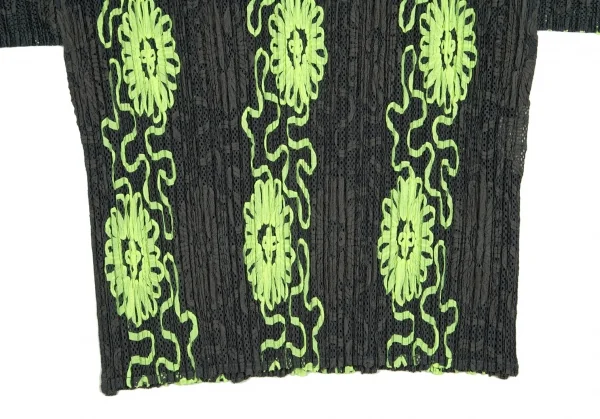 プリーツプリーズPLEATS PLEASE 花柄刺繍プリーツ半袖トップス 深緑グレー黄5 K-98321_006