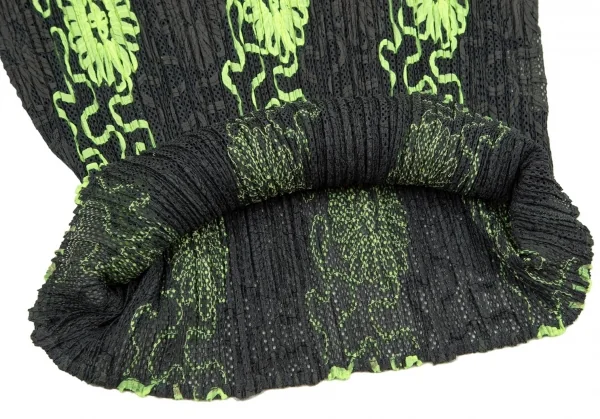プリーツプリーズPLEATS PLEASE 花柄刺繍プリーツ半袖トップス 深緑グレー黄5 K-98321_008