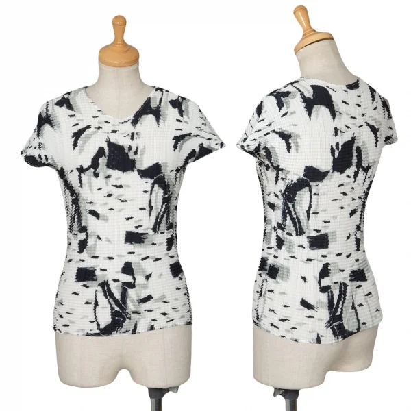 イッセイミヤケ ミーISSEY MIYAKE me 水墨画プリントニットプリーツショートスリーブTシャツ 白黒M位 K-98488_001