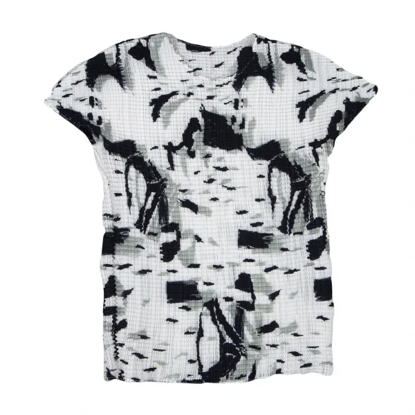 イッセイミヤケ ミーISSEY MIYAKE me 水墨画プリントニットプリーツショートスリーブTシャツ 白黒M位 K-98488_002