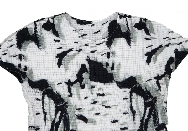 イッセイミヤケ ミーISSEY MIYAKE me 水墨画プリントニットプリーツショートスリーブTシャツ 白黒M位 K-98488_003
