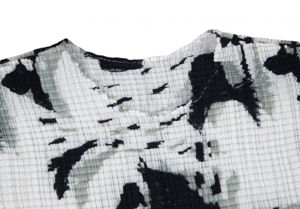 イッセイミヤケ ミーISSEY MIYAKE me 水墨画プリントニットプリーツショートスリーブTシャツ 白黒M位 K-98488_004