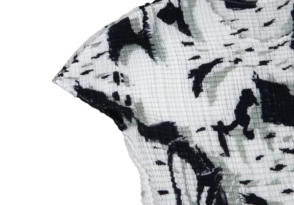 イッセイミヤケ ミーISSEY MIYAKE me 水墨画プリントニットプリーツショートスリーブTシャツ 白黒M位 K-98488_005