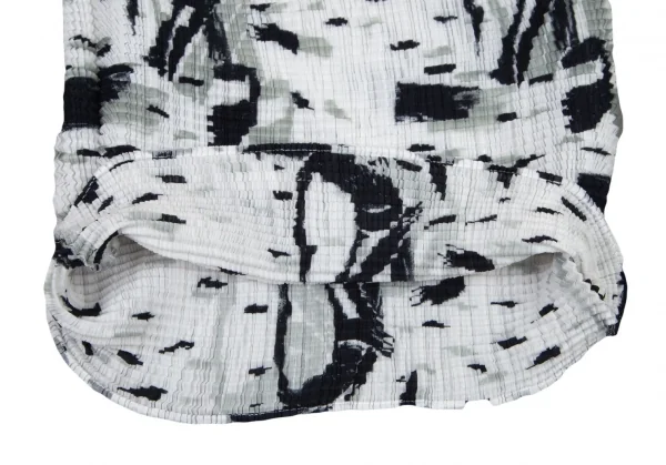 イッセイミヤケ ミーISSEY MIYAKE me 水墨画プリントニットプリーツショートスリーブTシャツ 白黒M位 K-98488_008