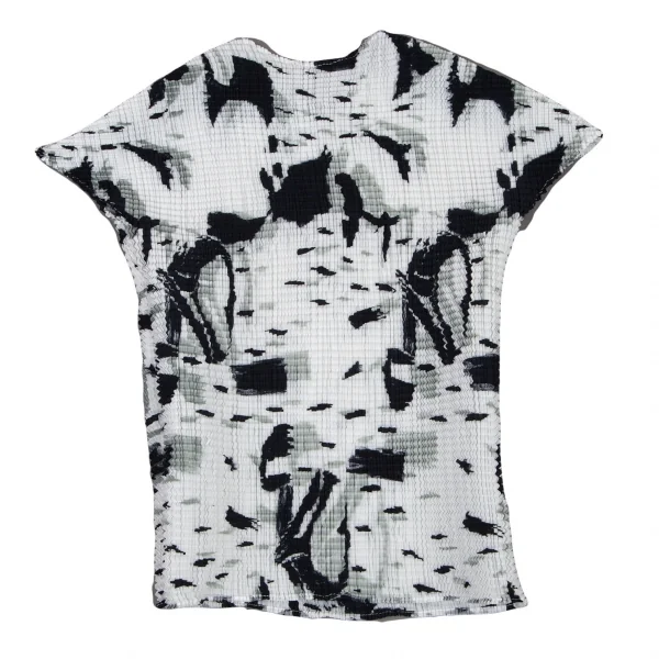 イッセイミヤケ ミーISSEY MIYAKE me 水墨画プリントニットプリーツショートスリーブTシャツ 白黒M位 K-98488_009