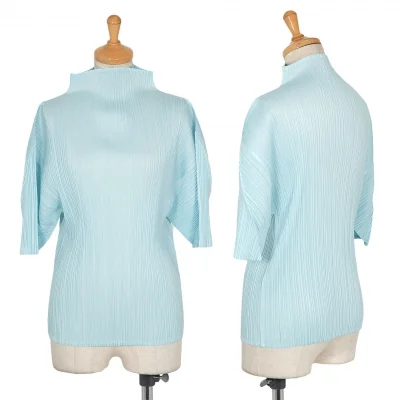 プリーツプリーズPLEATS PLEASE プリーツハイネックTシャツ ライトブルー