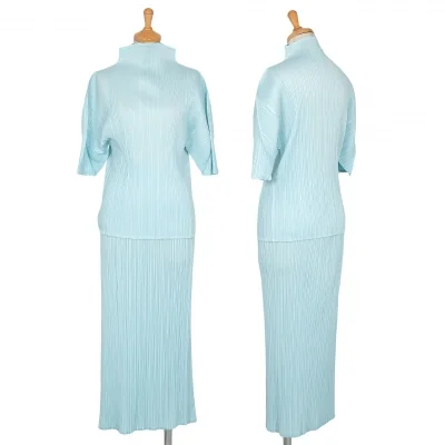 プリーツプリーズPLEATS PLEASE プリーツハイネックTシャツセットアップ ライトブルー