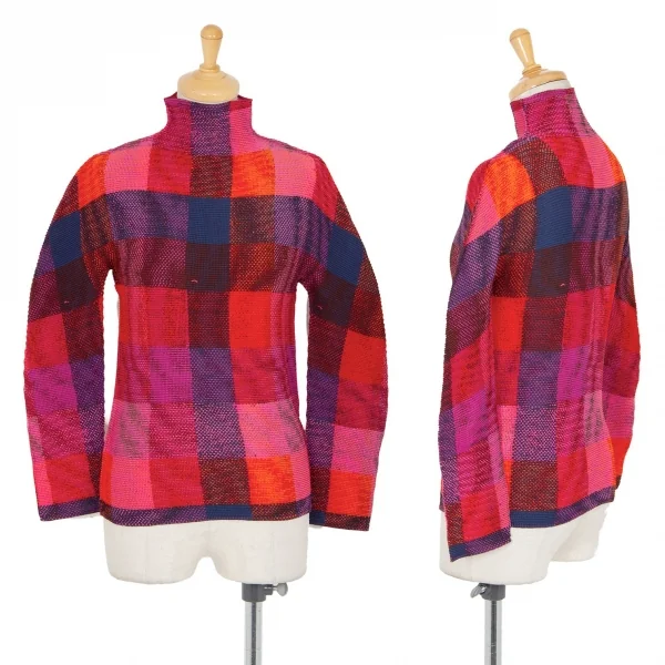 イッセイミヤケ ミーISSEY MIYAKE me かすれチェックプリントブロックプリーツハイネックカットソー マルチF K-98625_001
