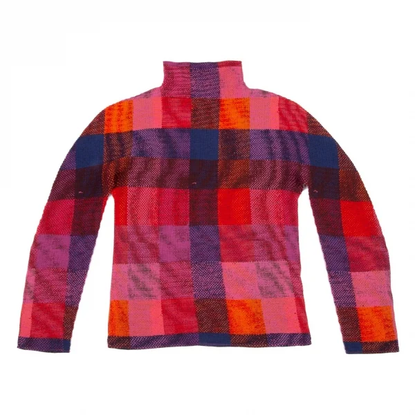 イッセイミヤケ ミーISSEY MIYAKE me かすれチェックプリントブロックプリーツハイネックカットソー マルチF K-98625_002