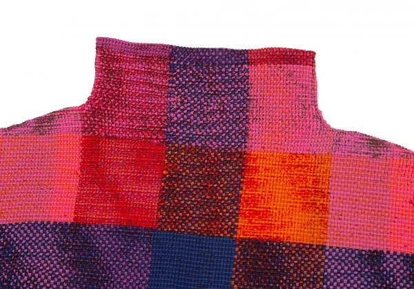 イッセイミヤケ ミーISSEY MIYAKE me かすれチェックプリントブロックプリーツハイネックカットソー マルチF K-98625_006