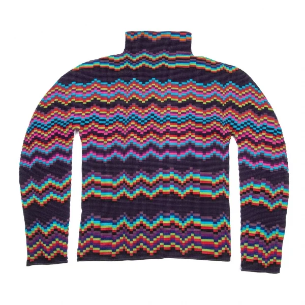 イッセイミヤケ ミーISSEY MIYAKE me ギザギザプリントブロックプリーツハイネックカットソー 紺マルチF K-98626_010