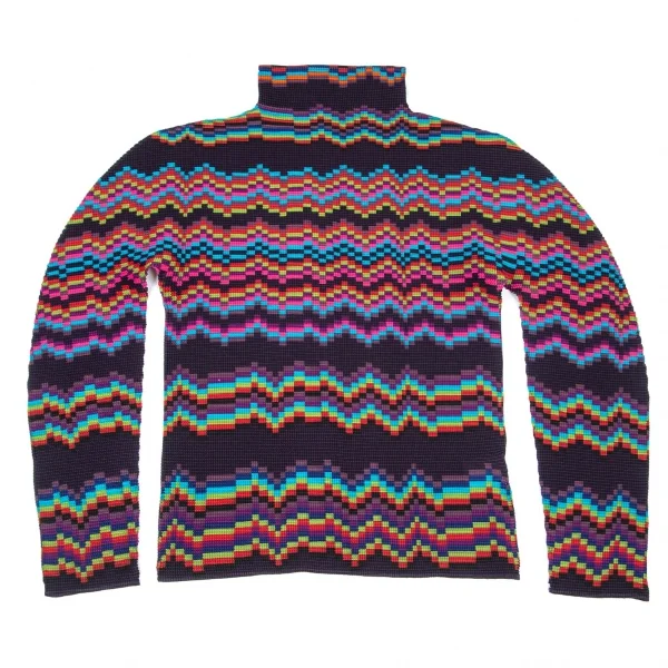 イッセイミヤケ ミーISSEY MIYAKE me ギザギザプリントブロックプリーツハイネックカットソー 紺マルチF K-98626_002