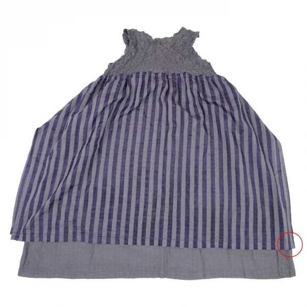 イッセイミヤケ ミーISSEY MIYAKE me カリフラワーウエストリボン切替ストライプノースリーブワンピース グレー紺F K-98632_013