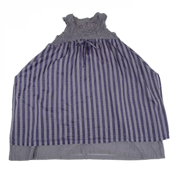 イッセイミヤケ ミーISSEY MIYAKE me カリフラワーウエストリボン切替ストライプノースリーブワンピース グレー紺F K-98632_002