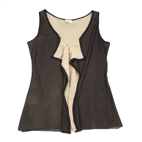 ジャンポールゴルチエファムJean Paul GAULTIER FEMME フロントホックデザインレイヤードパワーネットノースリーブトップス 黒ベージュ40 K-98664_002