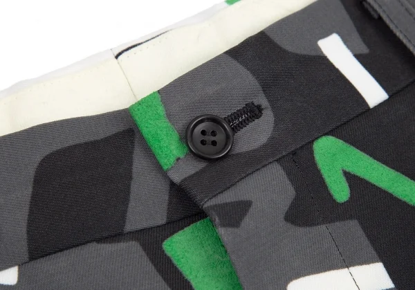 コムデギャルソン オムプリュスCOMME des GARCONS HOMME PLUS ポリ総柄プリントクロップドパンツ 黒グレー緑白M K-98804_006