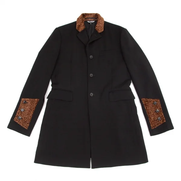 ブラックコムデギャルソンBLACK COMME des GARCONS レオパードフェイクファー切替エステルギャバジャケット 黒L K-98839_001