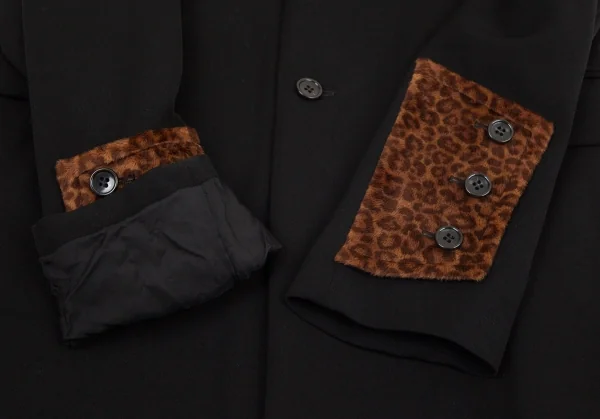 ブラックコムデギャルソンBLACK COMME des GARCONS レオパードフェイクファー切替エステルギャバジャケット 黒L K-98839_008