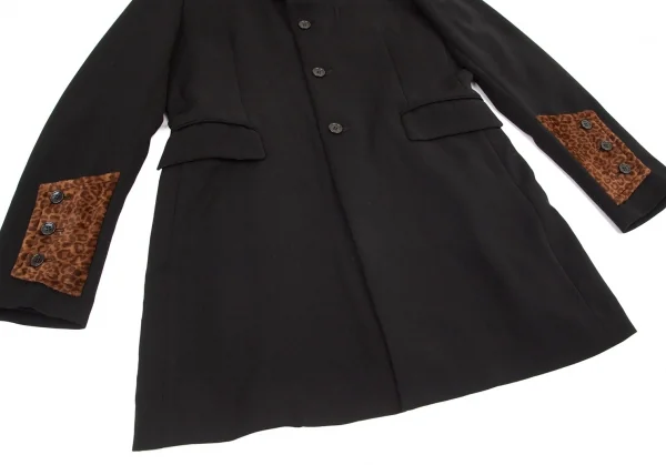 ブラックコムデギャルソンBLACK COMME des GARCONS レオパードフェイクファー切替エステルギャバジャケット 黒L K-98839_009