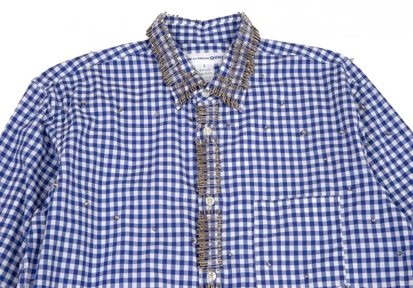 コムデギャルソン シャツ×ナインティナイン パーセント イズCOMME des GARCONS SHIRT×99%I×99%I ギンガムチェックスタッズ安全ピンカスタムハンドメイドシャツ 白青S K-98842_002