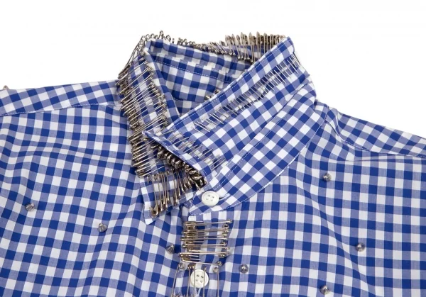 コムデギャルソン シャツ×ナインティナイン パーセント イズCOMME des GARCONS SHIRT×99%I×99%I ギンガムチェックスタッズ安全ピンカスタムハンドメイドシャツ 白青S K-98842_003