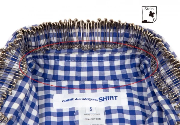 コムデギャルソン シャツ×ナインティナイン パーセント イズCOMME des GARCONS SHIRT×99%I×99%I ギンガムチェックスタッズ安全ピンカスタムハンドメイドシャツ 白青S K-98842_004