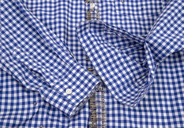 コムデギャルソン シャツ×ナインティナイン パーセント イズCOMME des GARCONS SHIRT×99%I×99%I ギンガムチェックスタッズ安全ピンカスタムハンドメイドシャツ 白青S K-98842_007