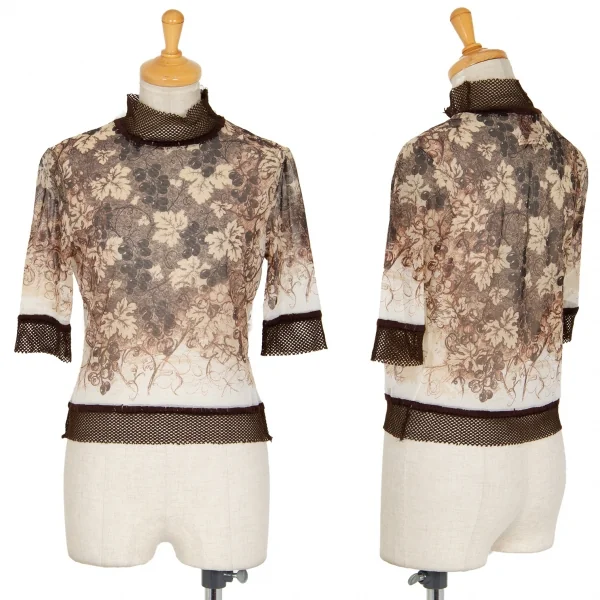 ジャンポールゴルチエ クラシックJean Paul GAULTIER CLASSIQUE メッシュ切替ボタニカルプリントパワーネットTシャツ ベージュ茶白40 K-98862_001